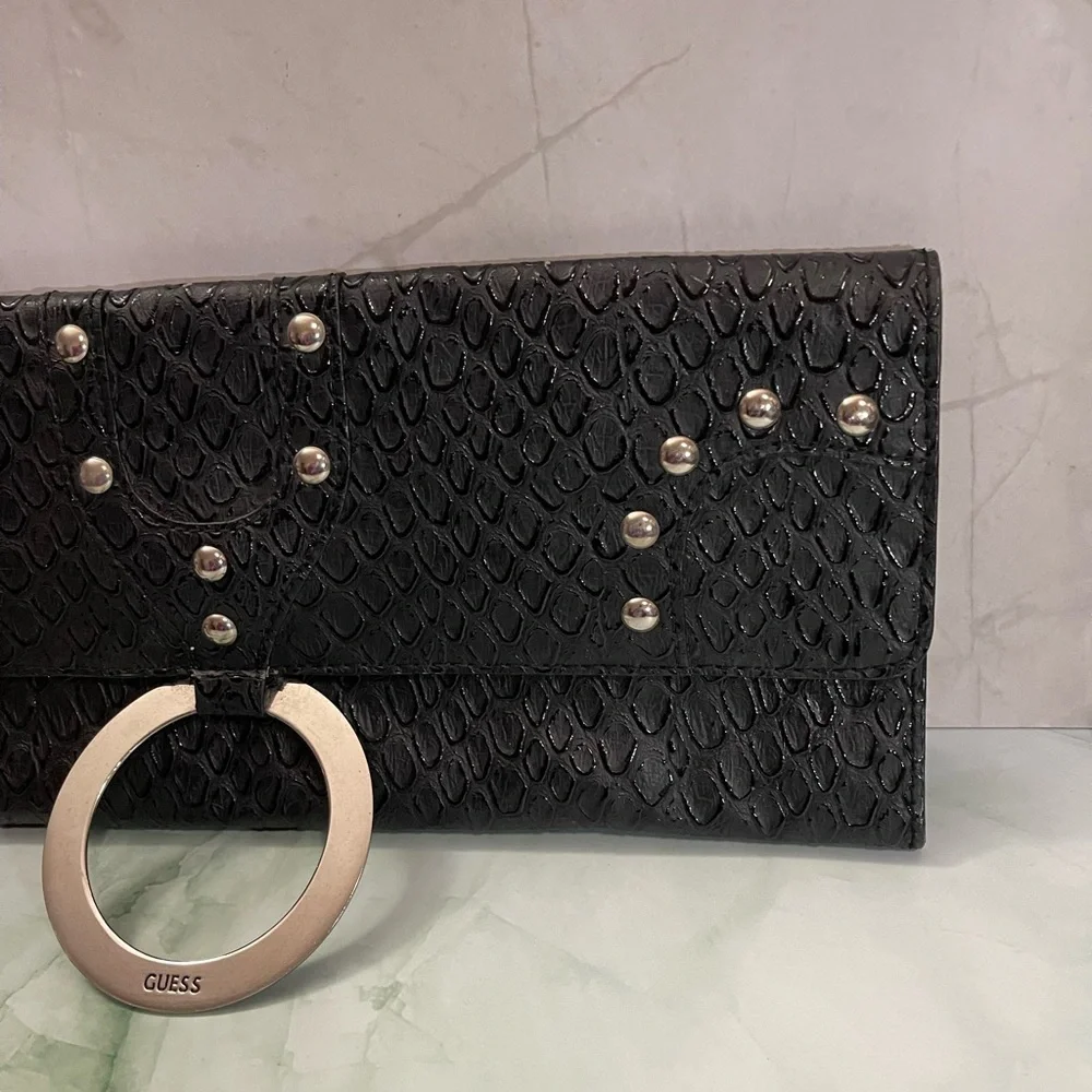 Guess Vintage Black Snake Skin Envelope Clutch Purse Y2K